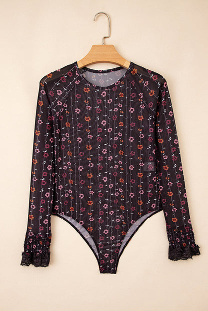 Floral Smock Cuff Mesh Slim Fit Bodysuit