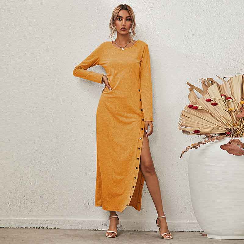 Long Sleeve Casual Long Dress With Split Buttons