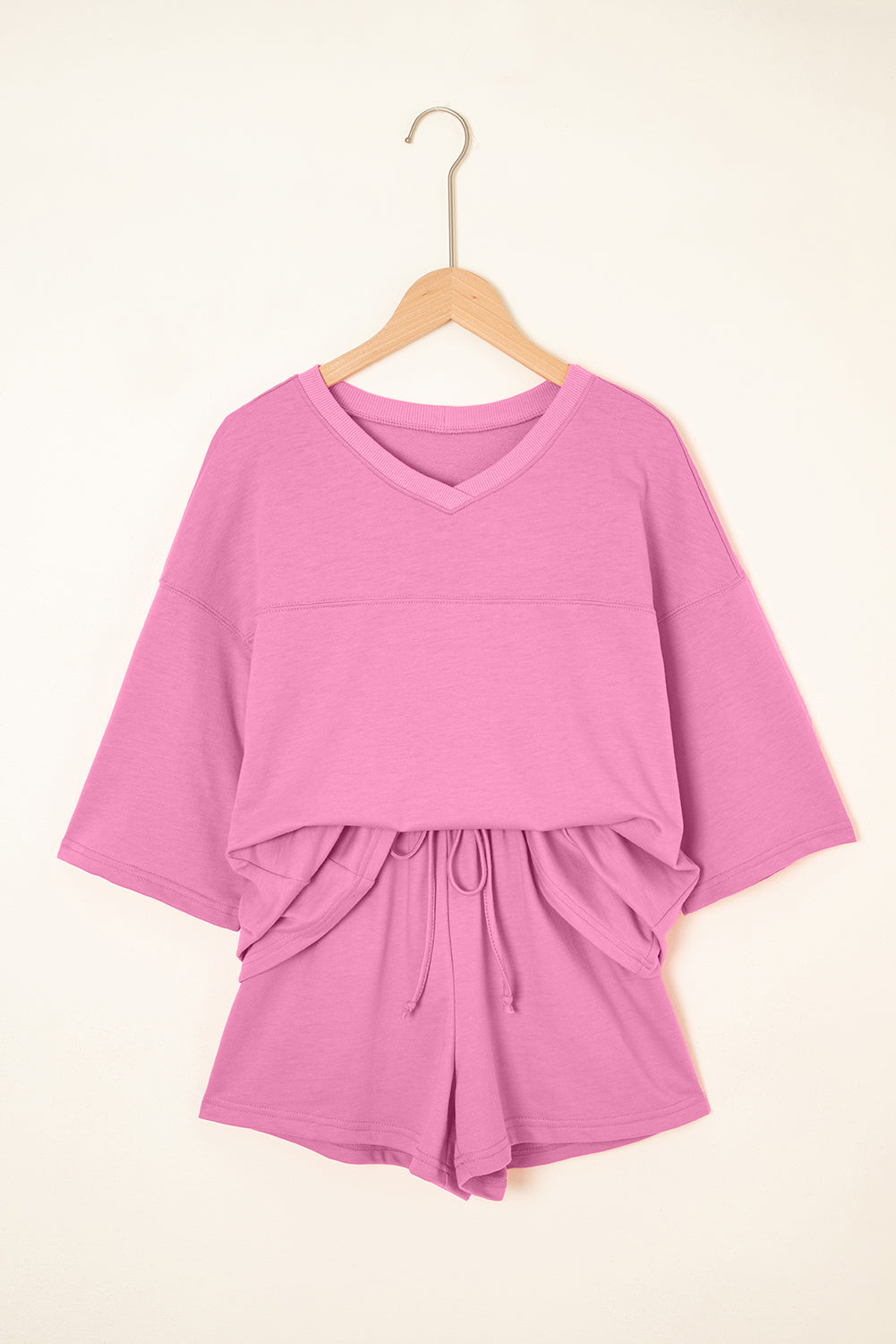 Solid Loose V-Neck Tee &amp; Drawstring Shorts Set
