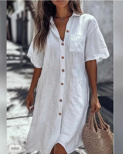 Casual Solid Shirt Dress Lady Fashion Short Sleeve Button Loose Dresses Women Elegant Office Skirt Womens Clothing Summer