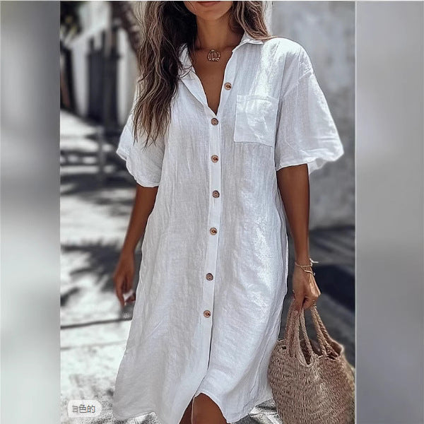 Casual Solid Shirt Dress Lady Fashion Short Sleeve Button Loose Dresses Women Elegant Office Skirt Womens Clothing Summer