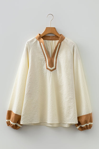 Colorblock V-Neck Textured Long Sleeve Blouse