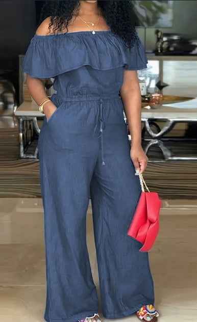 Solid Off Shoulder Tie Waist Jumpsuit Elegant Ruffle Trim Wide Leg Jumpsuit Women&