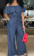 Solid Off Shoulder Tie Waist Jumpsuit Elegant Ruffle Trim Wide Leg Jumpsuit Women&