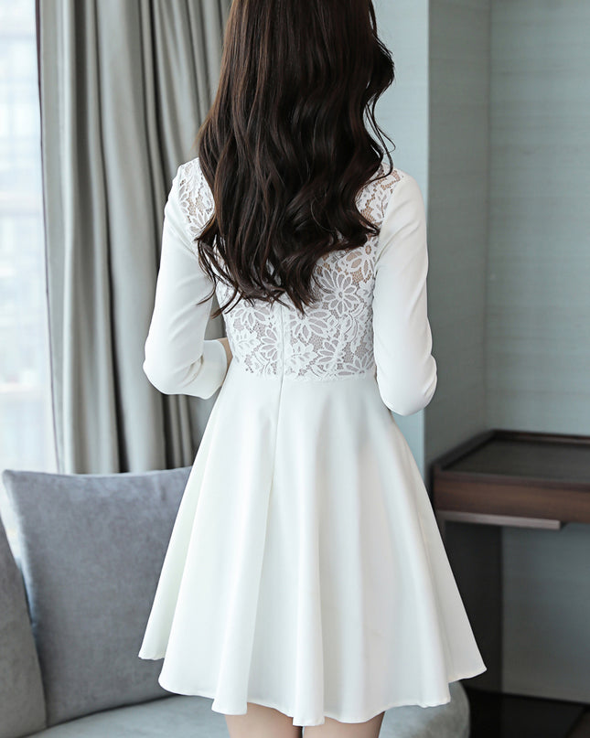 Dresses Pure Color V-collar Mid-waist Zipper Korean A-shaped Skirt Spring Long Sleeve Skirt Lace A