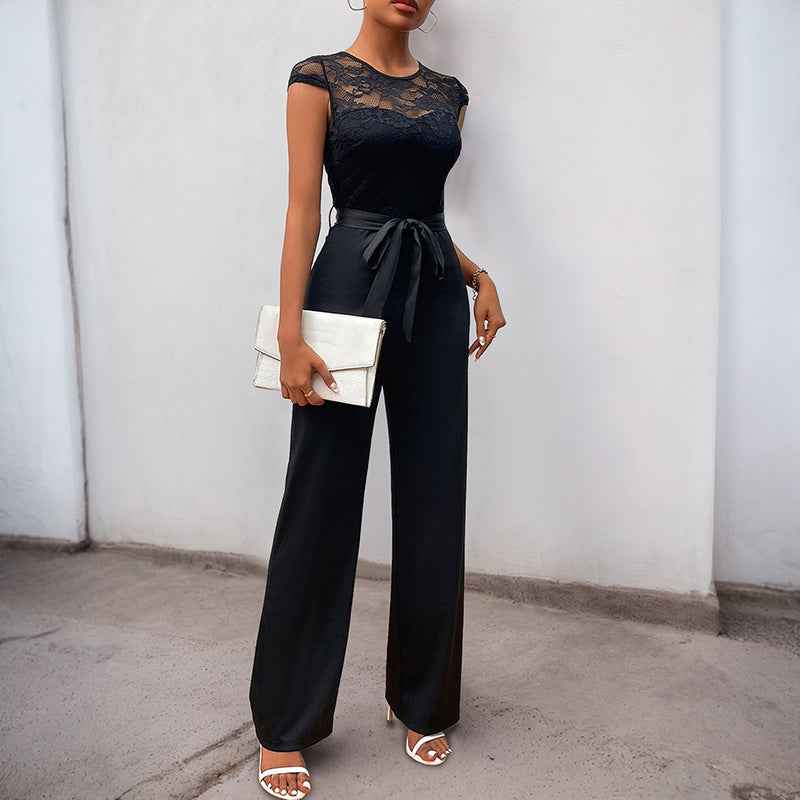 Lace Stitching Sleeveless Jumpsuit High Waist