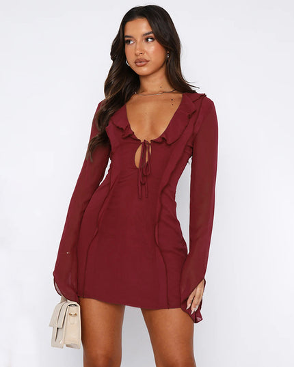 Sexy Ruffled V-neck Lace-up Long-sleeved Dress Fashion Y2K Skirt Slim Hip-covering Short Dresses For Womens Clothing