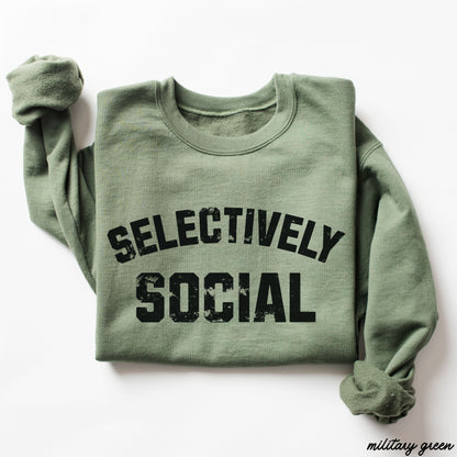 PRE-ORDER Selectively Social Sweatshirt 7 Colors S-3X in military green color with bold graphic design.