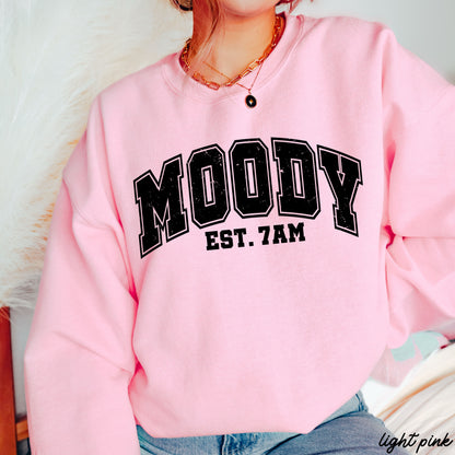Moody 7am Sweatshirt 7 Colors S-3X in light pink displayed on a model, made of 50% Cotton/50% Polyester.