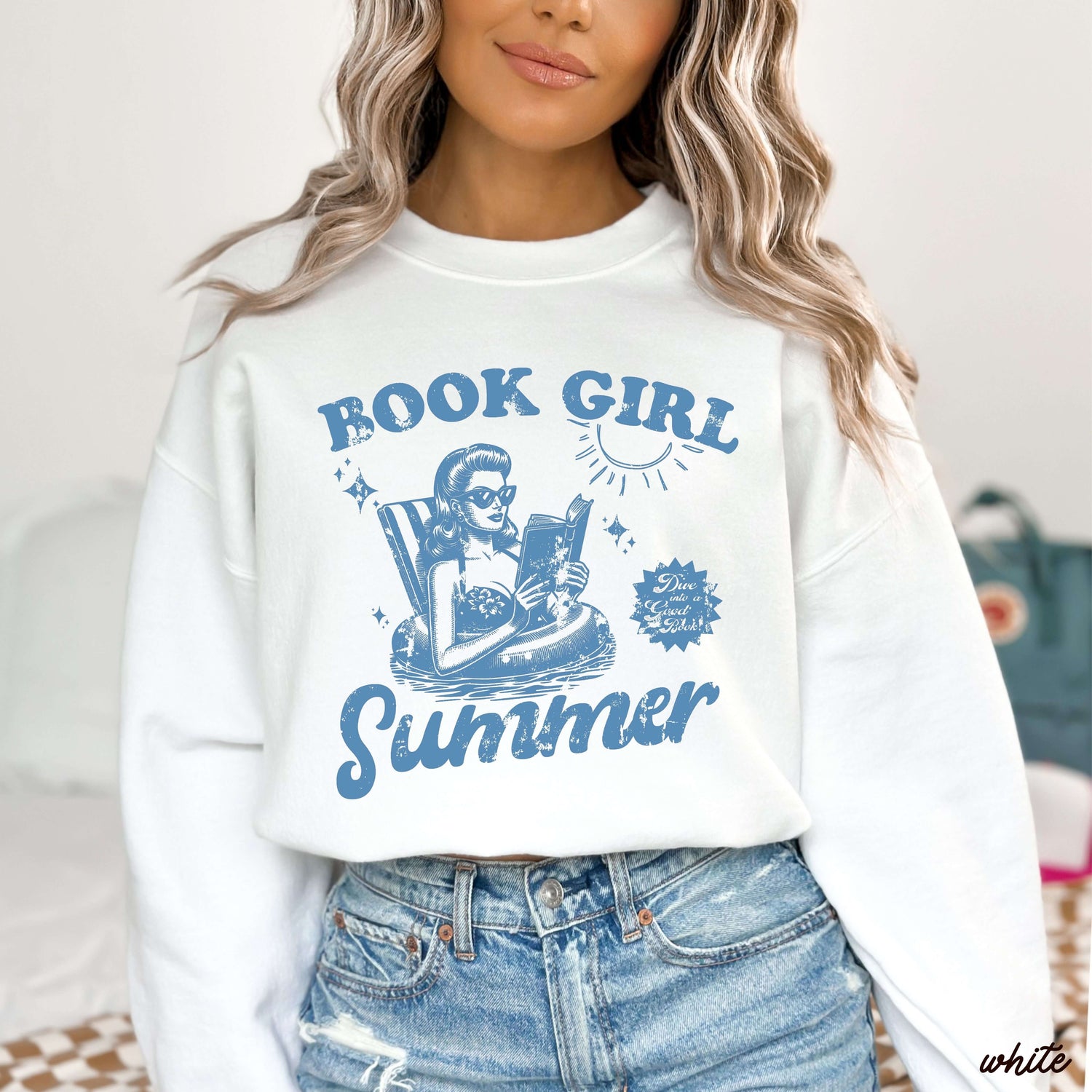 Book Girl Summer Sweatshirt 5 Colors S-3X displayed on a model in a white sweatshirt featuring a fun book design.