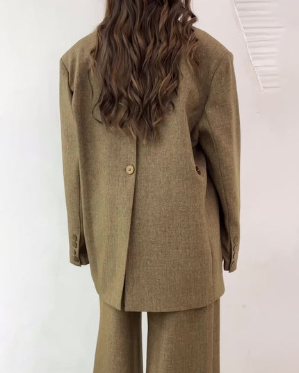 Solid Color Slit Back Buttoned Waist Blazer & High Waist Pants Set