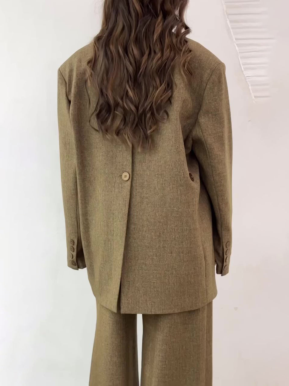 Solid Color Slit Back Buttoned Waist Blazer &amp; High Waist Pants Set