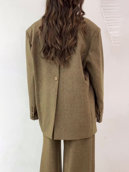 Solid Color Slit Back Buttoned Waist Blazer &amp; High Waist Pants Set