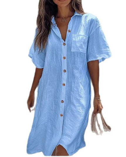 Casual Solid Shirt Dress Lady Fashion Short Sleeve Button Loose Dresses Women Elegant Office Skirt Womens Clothing Summer