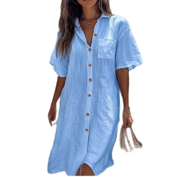Casual Solid Shirt Dress Lady Fashion Short Sleeve Button Loose Dresses Women Elegant Office Skirt Womens Clothing Summer