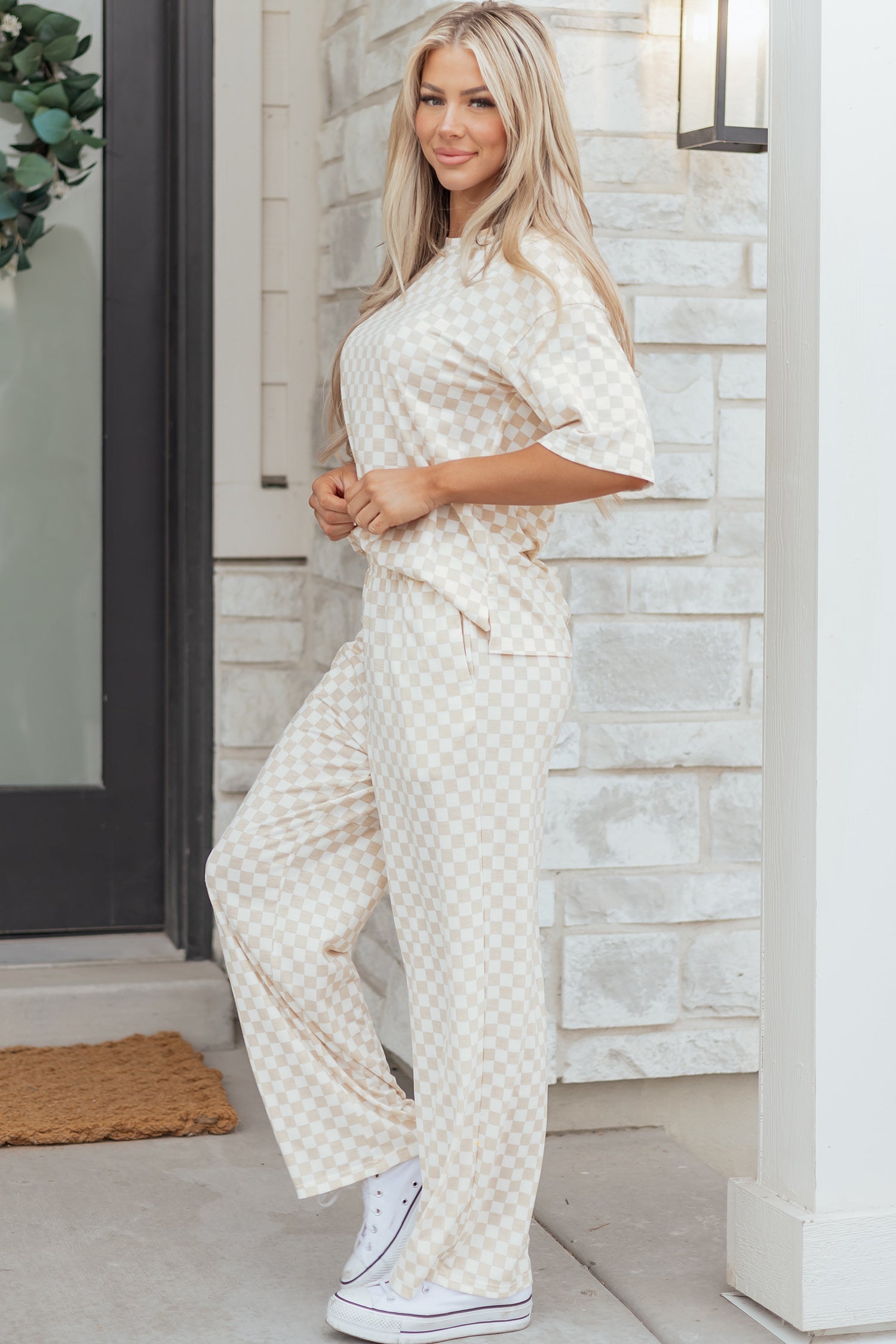 Checker Short Sleeve Tee &amp; Pants Lounge Set
