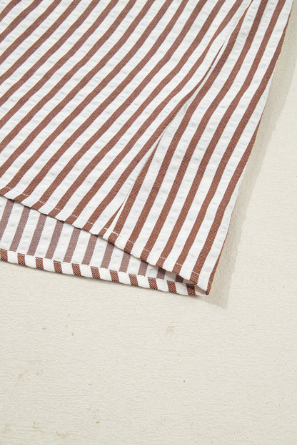 Stripe Collared V-Neck Bubble Sleeve Blouse
