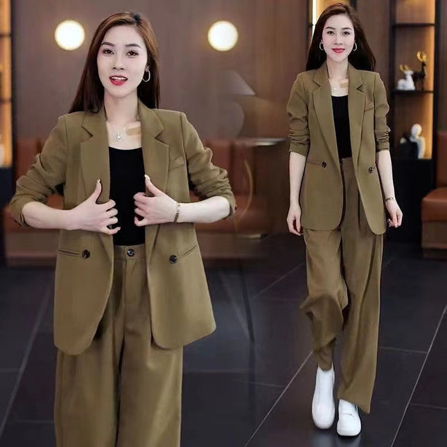 Loose, Slimming Casual Blazer And Wide-Leg Pants Two-Piece Set
