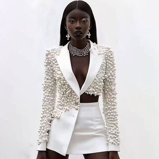 Womens Fashionable Deep V-Neck Heavy-Detailed Beaded Blazer And Skirt Set