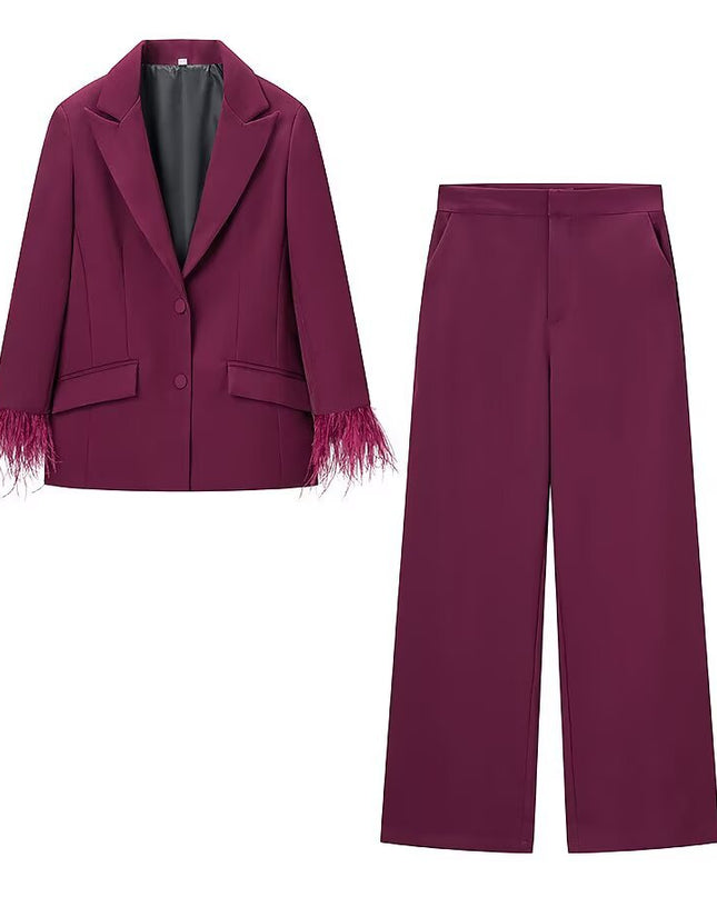 Womens Spring Fashion Suit Set Blazer With Feather Embellishments And Pants