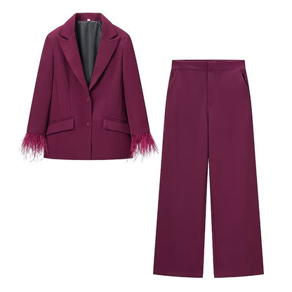 Womens Spring Fashion Suit Set Blazer With Feather Embellishments And Pants