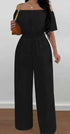 Elegant Off-Shoulder Short Sleeve Waist Cinch Jumpsuit Solid Color