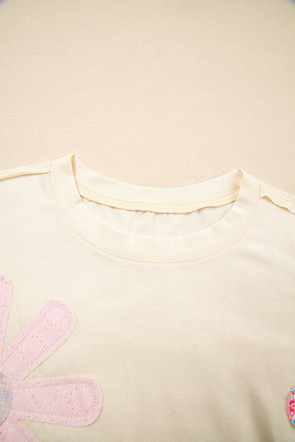 Floral Patch Exposed Stitching Crew Neck Tee