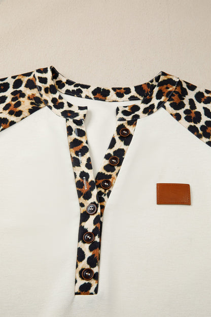 Leopard Patchwork Half Buttoned Short Sleeve Top