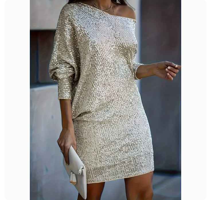 Fashion Oblique Shoulder Sequins Dress Ins Long-sleeved Dresses For Party Women&